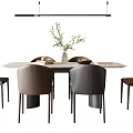 Modern Dining Table Set With Leather Chairs Hanging Light And Plant Decor 3d model