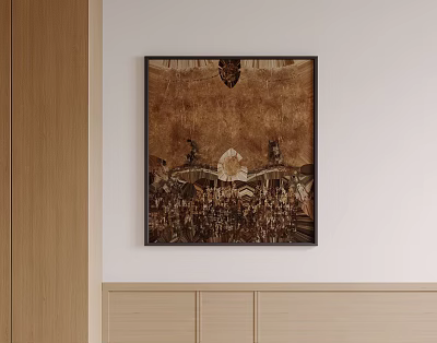 Abstract Painting With Black Frame Dark Brown Hues On Light Colored Wall Near Wooden Cabinet 3d model