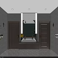 Modern Public Restroom Interior With Clean Tiled Walls Washbasin Mirror And Green Plant