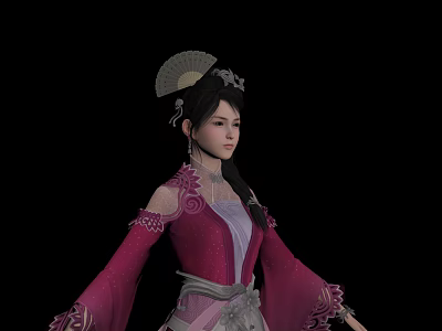 Ancient Style Female Character with Fan Hair Ornament and Butterfly in Pink Purple Traditional Attire 3d model