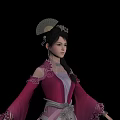 Ancient Style Female Character with Fan Hair Ornament and Butterfly in Pink Purple Traditional Attire