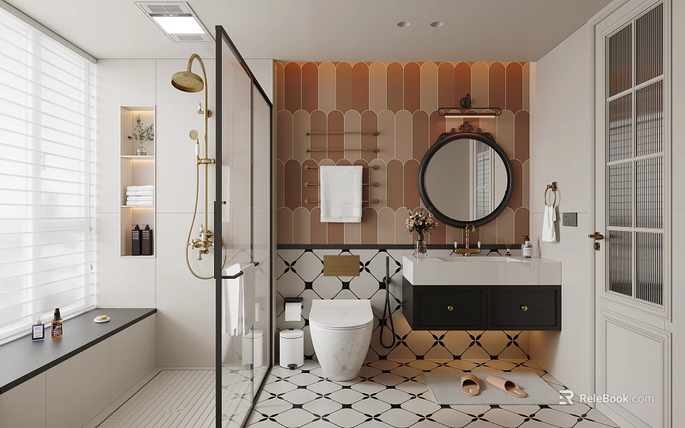 Modern Bathroom Interior Design With Round Mirror Vanity And Tiled Walls 3d model 