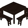 Square Dark Wood Dining Table Set with Matching Benches for Home Use 3d model