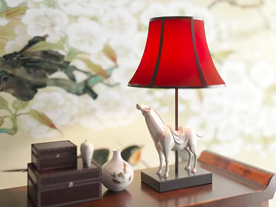 Traditional Console Table With Red Lampshade White Ceramic Horse And Decorative Pieces 3d model