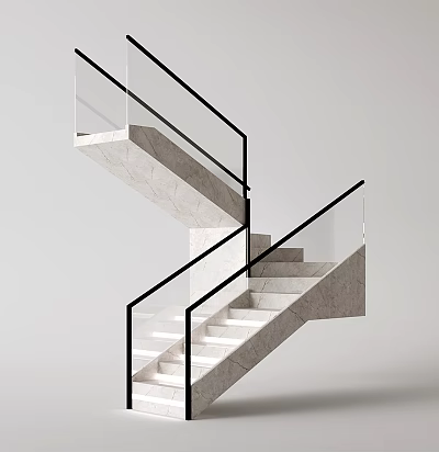 Modern Marble Staircase With Glass Railing And Black Metal Frame Design 3d model