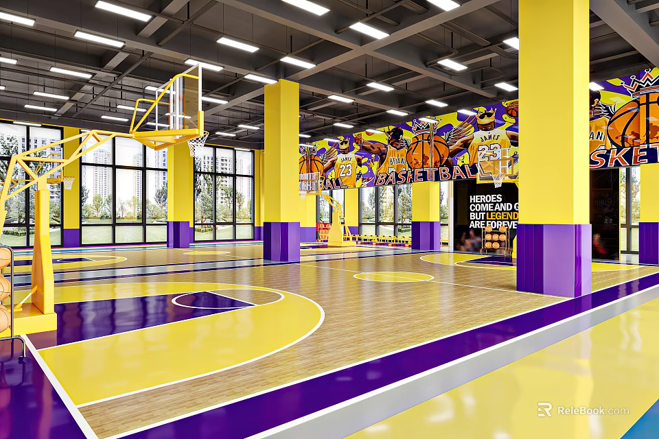 Vibrant Basketball Gym With Yellow Purple Pillars Court Floor White Lines Hoops And Wall Murals 3d model 