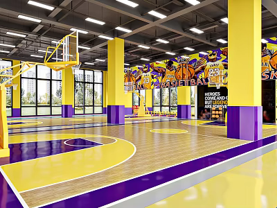 Vibrant Basketball Gym With Yellow Purple Pillars Court Floor White Lines Hoops And Wall Murals 3d model