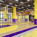 Vibrant Basketball Gym With Yellow Purple Pillars Court Floor White Lines Hoops And Wall Murals