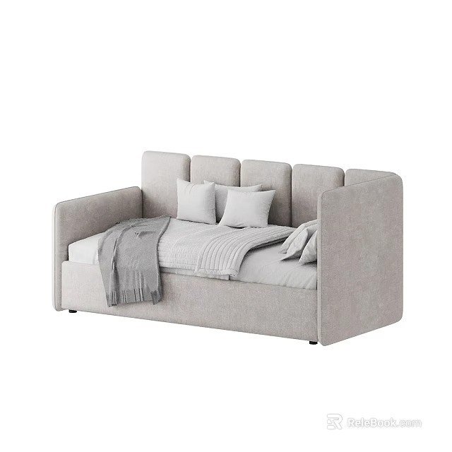 Modern Light Gray Double Bed with Headboard Pillows and Blanket 3d model 
