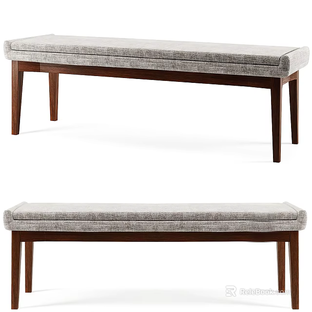 Sofa Bench with Upholstered Light Gray Seat and Walnut Wooden Legs Modern Minimalist Design 3d model 