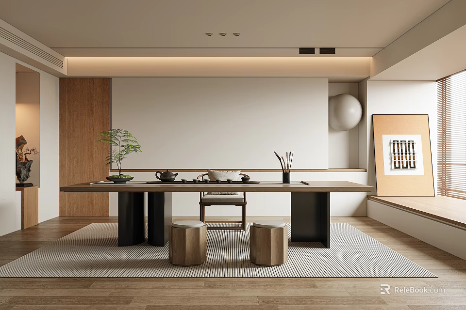 Minimalist Tea Room Interior With Long Table Stools And Art 3d model