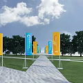 Wide Stone Pathway With Green Trees On Both Sides And Colorful Banners Under Blue Sky