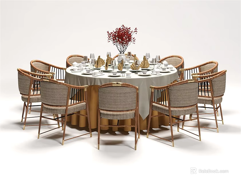 Elegant Dining Table Set With Round Table White Tablecloth Tableware Red Flowers And Upholstered Chairs 3d model