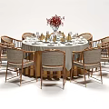 Elegant Dining Table Set With Round Table White Tablecloth Tableware Red Flowers And Upholstered Chairs 3d model