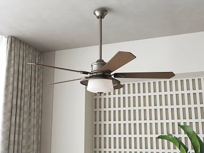 Modern Living Room Metallic Ceiling Fan Light Fixture With Blades Gray Curtains White Wall 3d model