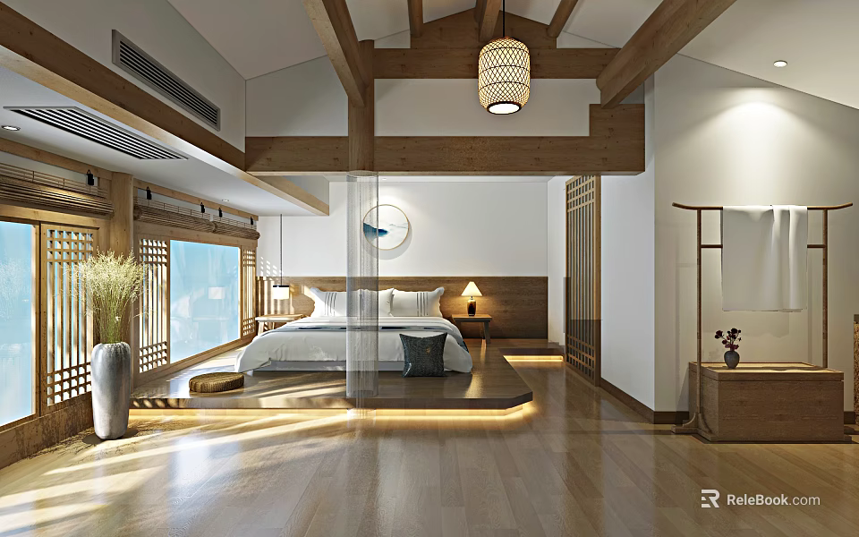 Traditional Hotel Guest Room Interior With Wooden Beams Lantern Light Comfortable Bed And Wooden Floor 3d model 