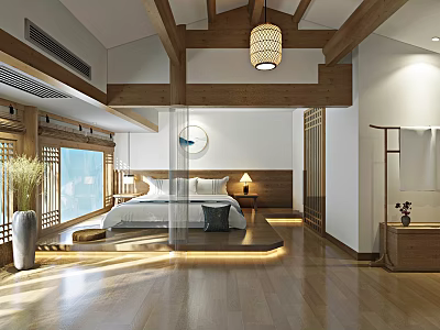 Traditional Hotel Guest Room Interior With Wooden Beams Lantern Light Comfortable Bed And Wooden Floor 3d model