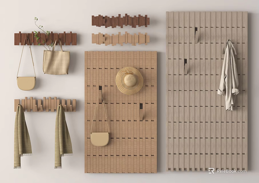 Various Designs Practical Wooden Hook Boards Organizing Bags Hats Towels Coats 3d model 