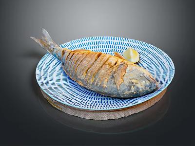 Delicious Grilled Whole Fish on Blue and White Patterned Plate with Lemon Slice 3d model