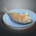 Delicious Grilled Whole Fish on Blue and White Patterned Plate with Lemon Slice
