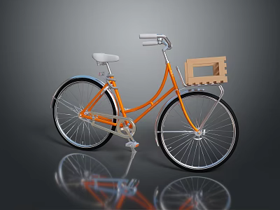 Classic Orange Bicycle With White Seat Wooden Front Basket And Silver Spokes 3d model