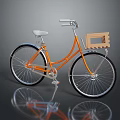 Classic Orange Bicycle With White Seat Wooden Front Basket And Silver Spokes