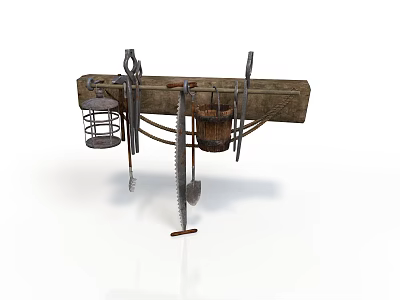 Industrial Equipment With Wooden Beam Supporting Hanging Tools Saw Metal Bucket And Frame 3d model