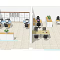 Public Office Space With Multiple Work Desks Computers Office Chairs And Potted Plants 3d model