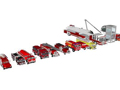 Assorted Red Yellow Utility Vehicles With Ladders And Rescue Equipment 3d model