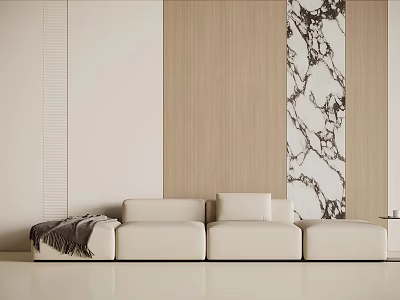 Modern White Sectional Sofa With Throw Blanket Against Wooden Panels And Marble Accent Wall 3d model