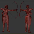 Two Female Archers In Traditional Red Outfit With Longbow And Arrow Quiver Front Back View