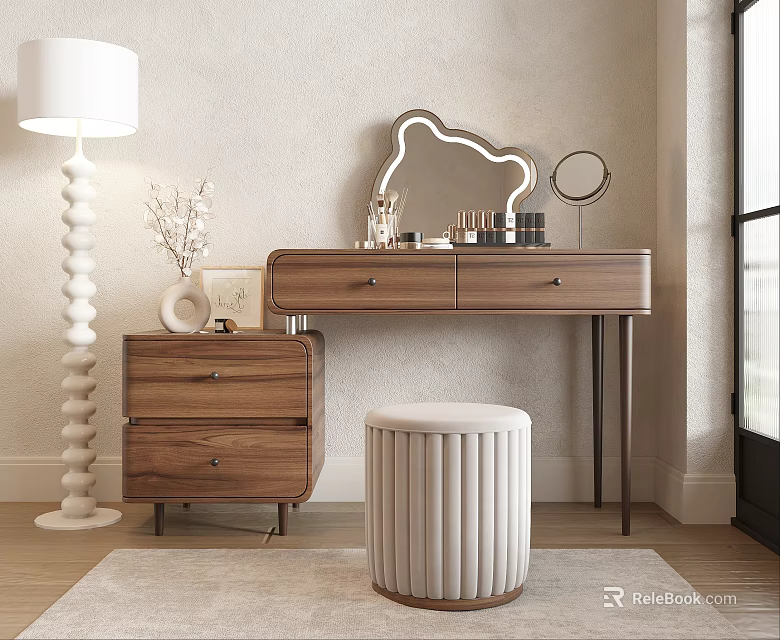 Modern Wooden Dressing Table Interior With Round Mirror Stool And Decorative Lamp 3d model