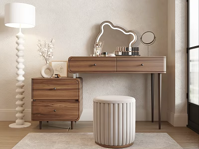 Modern Wooden Dressing Table Interior With Round Mirror Stool And Decorative Lamp 3d model