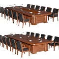 Formal Wooden Rectangular Conference Table With Black Chairs And Microphones 3d model