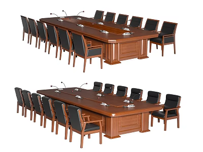 Formal Wooden Rectangular Conference Table With Black Chairs And Microphones 3d model