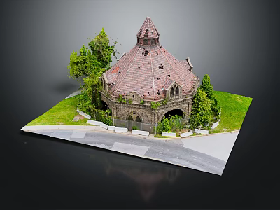 Cartoon Style Scenic Structure With Pointed Red Roof Green Trees Grass Lawn And Pathway 3d model
