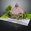 Cartoon Style Scenic Structure With Pointed Red Roof Green Trees Grass Lawn And Pathway