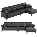 Modern Black Leather Sectional Sofa With Plush Cushions And Metal Legs