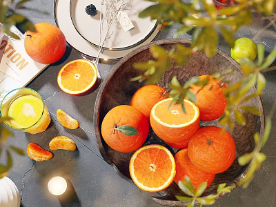 Fresh Oranges In Wooden Bowl With Sliced Oranges And Green Leaves 3d model