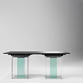 Modern Dining Table Set With Black Tabletop Green Transparent Glass Column Supports And Black Chairs