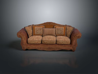 Traditional Brown Sofa With Patterned Cushions And Curved Arms Design 3d model