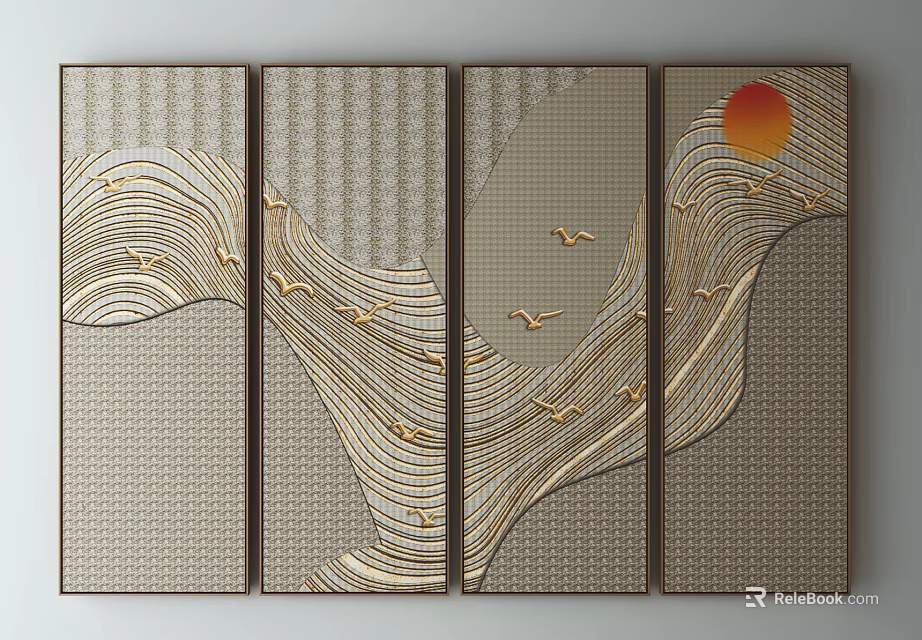 Four Panel Decorative Wall Art With Wavy Patterns Flying Birds And Sun 3d model 
