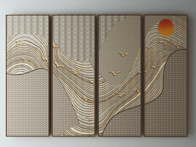 Four Panel Decorative Wall Art With Wavy Patterns Flying Birds And Sun 3d model