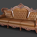 Classical Three Seater Sofa With Carved Frame Tufted Back And Brown Leather