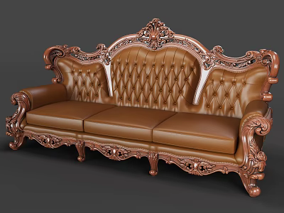 Classical Three Seater Sofa With Carved Frame Tufted Back And Brown Leather 3d model