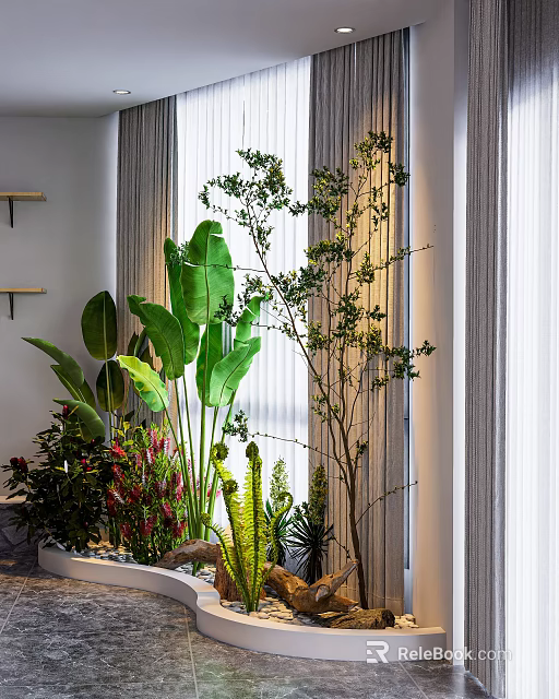 Indoor Greenery Wall With Different Plants By Windows 3d model 