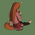 Anime Girl With Fox Ears Sitting In Pink Top Black Pants Barefoot On Green Background