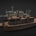 Vintage Ships with Yellow Blue Hulls and Rustic Brown Structures on Dark Background