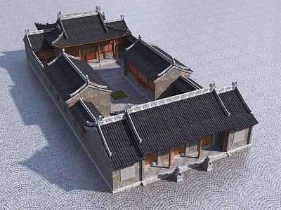 Ancient Chinese Architecture With Traditional Tiled Roofs Central Courtyard And Wooden Structure 3d model