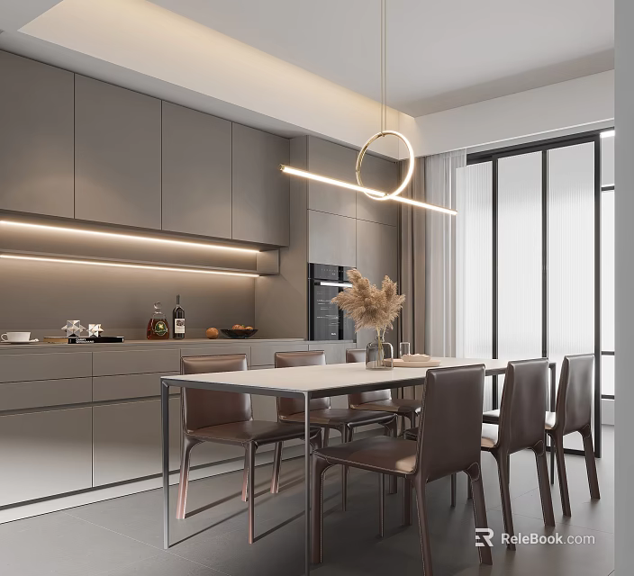 Modern Restaurant Interior Design With Gray Cabinets White Dining Table And Ring Pendant Light 3d model
